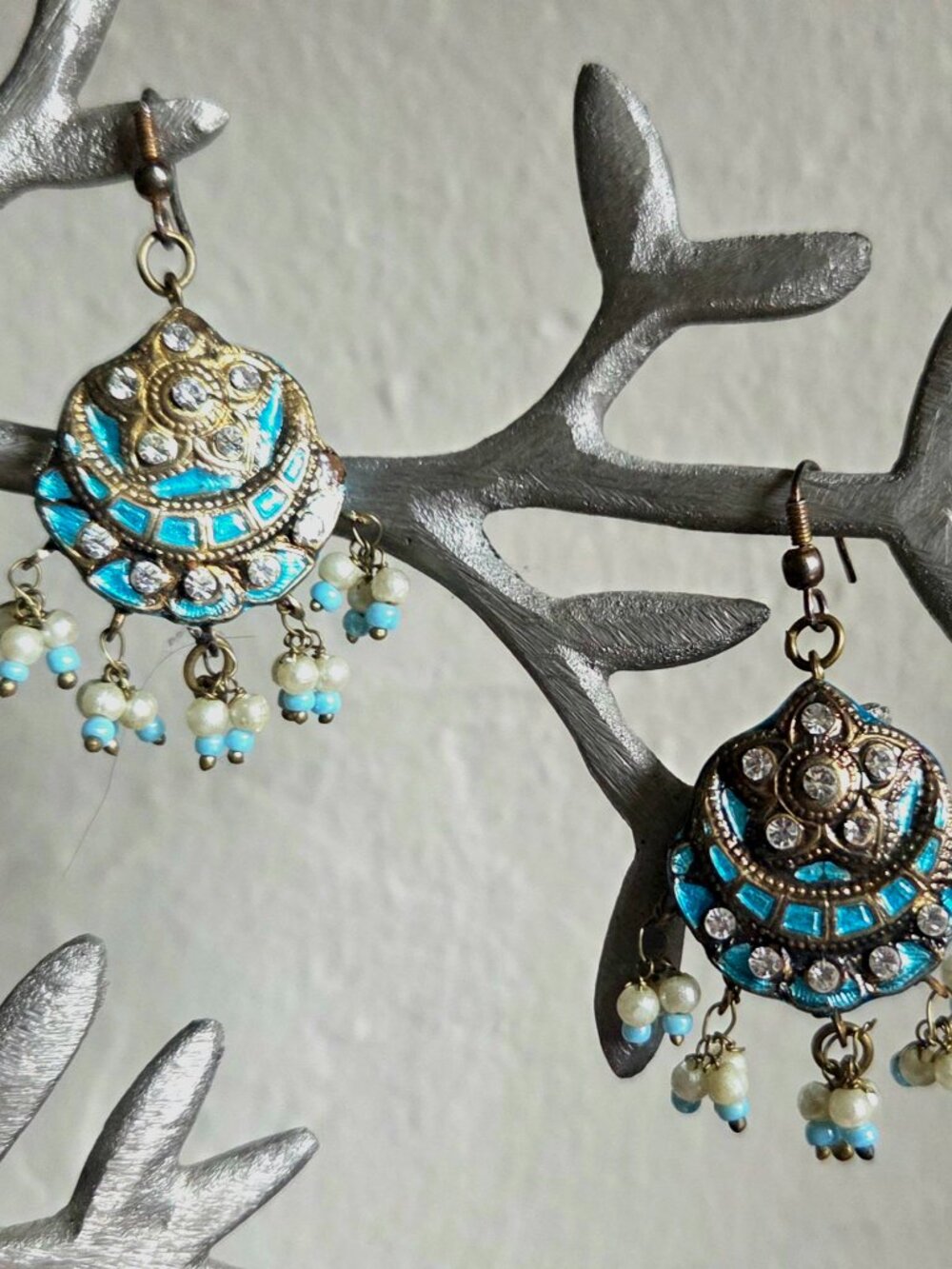 Vintage Handmade Lakh Dangling Earrings India Sky Blue Beautiful